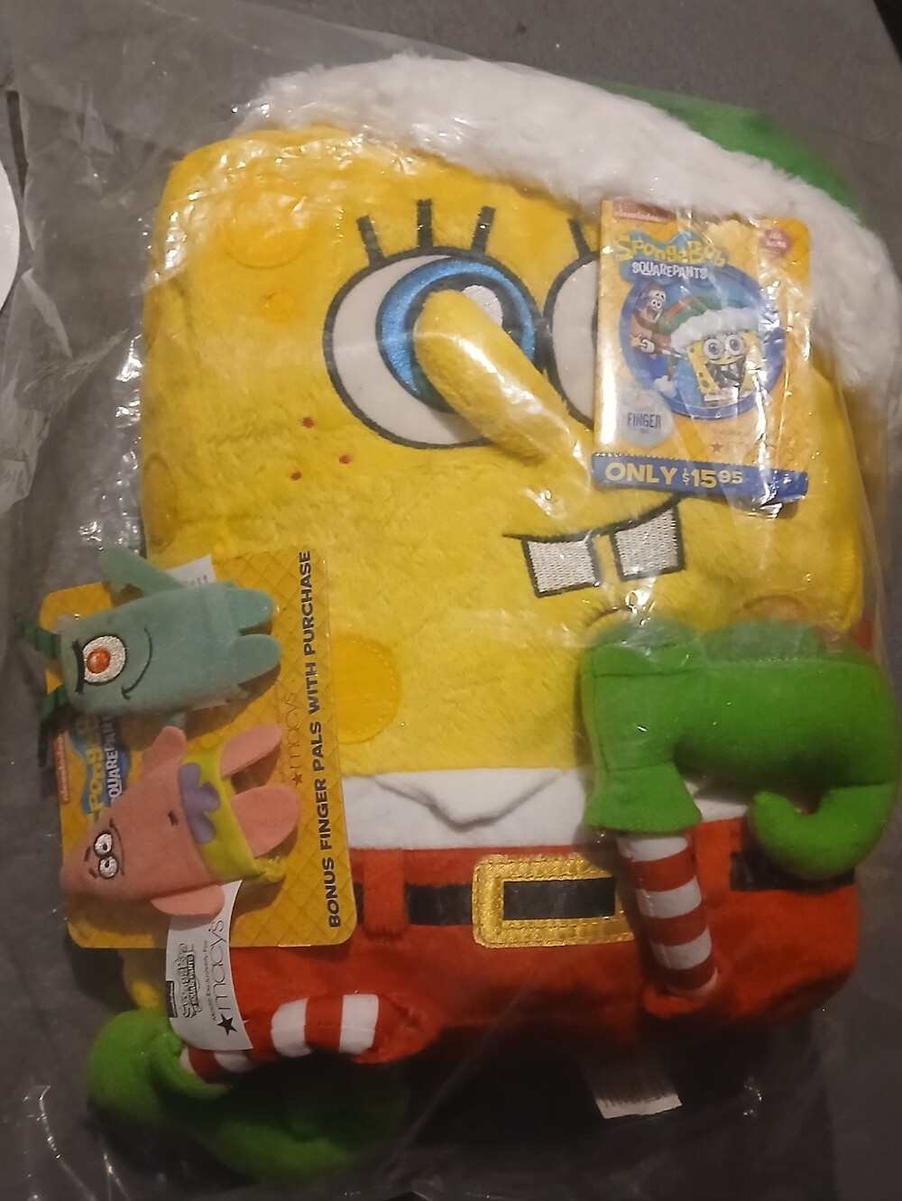 Macy's SpongeBob SquarePants Yellow Plush with Green & Red Holiday Accents